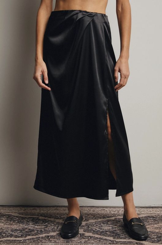 Satin Side Slit Midi Skirt