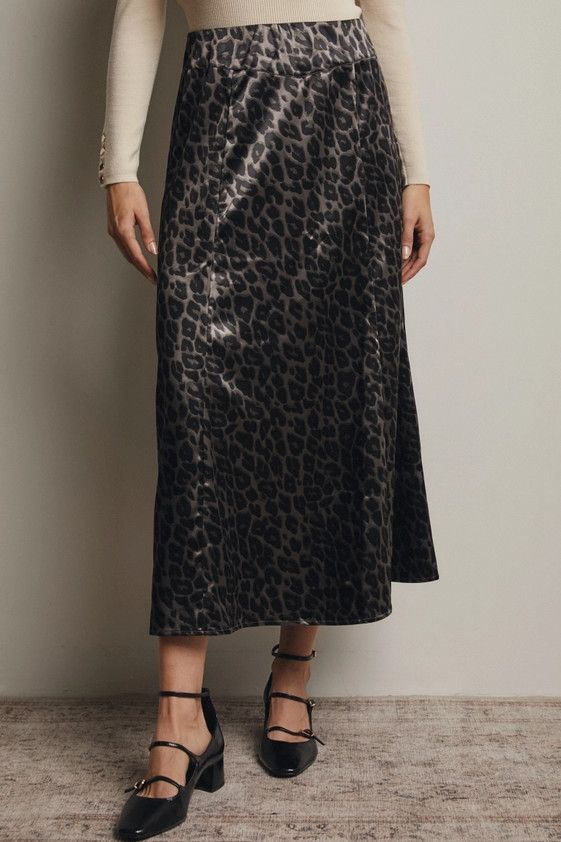 Leopard Print Satin Midi Skirt, Color: Grey, Size: S