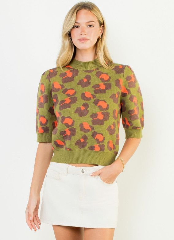Short Sleeve Leopard Print Knit Top, Color: olive, Size: S