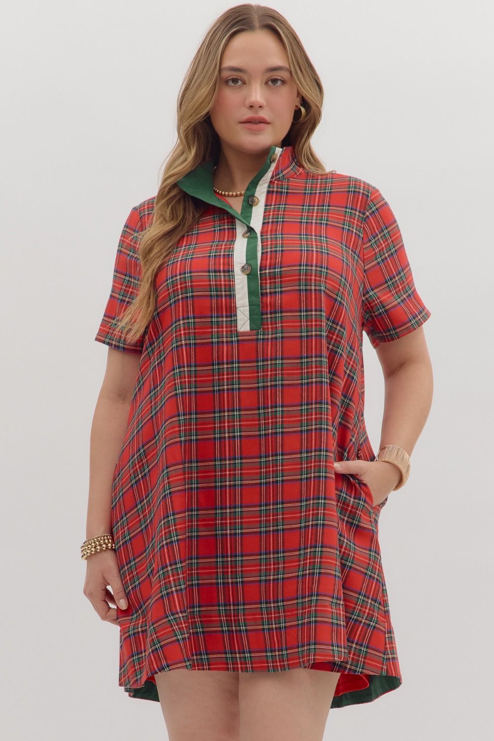 Red Plaid Short Sleeve Dress, Size: S