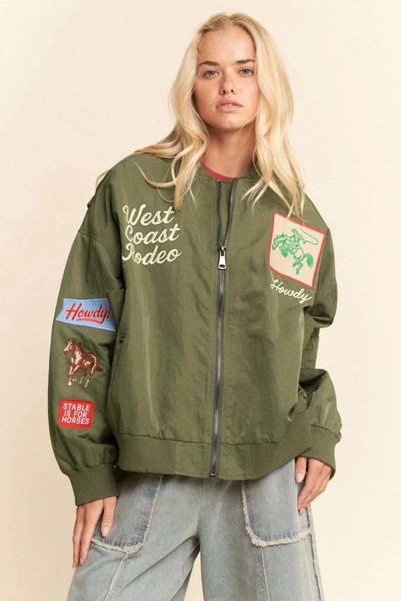 Army Green West Coast Rodeo Embroidered Bomber Jacket, Size: Small