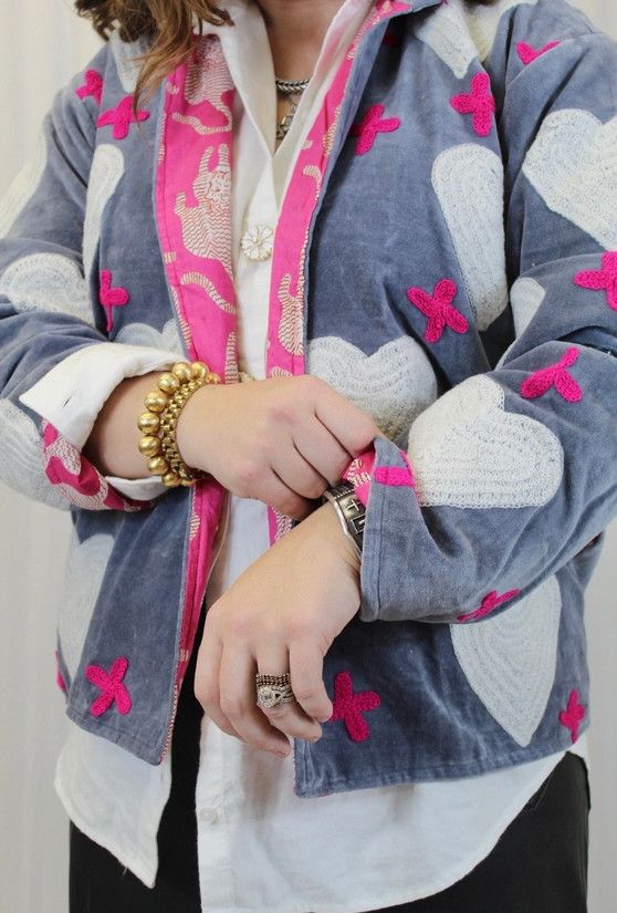 White Heart and Cross Velvet Jacket, Color: Blue, Size: OS