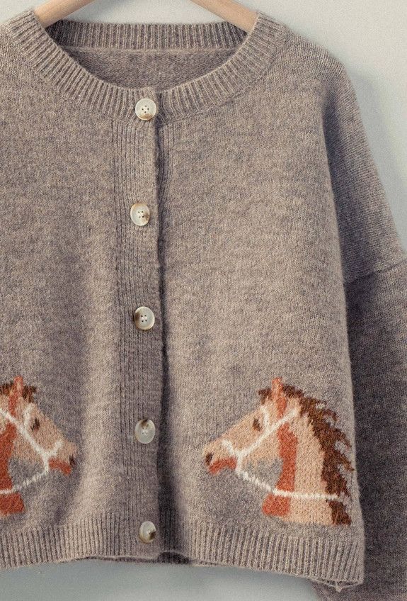 Western Horse Graphic Button Up Knit Cardigan, Color: Mocha, Size: S/M