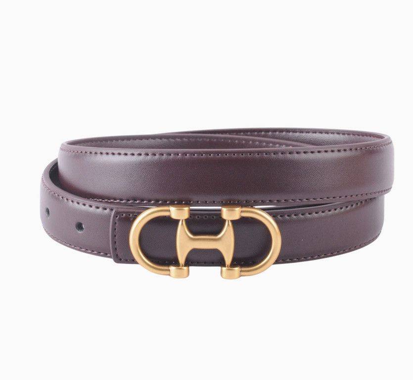 Stitched Clean Leather Belt with Horsebit Buckle- Brown/Gold- M