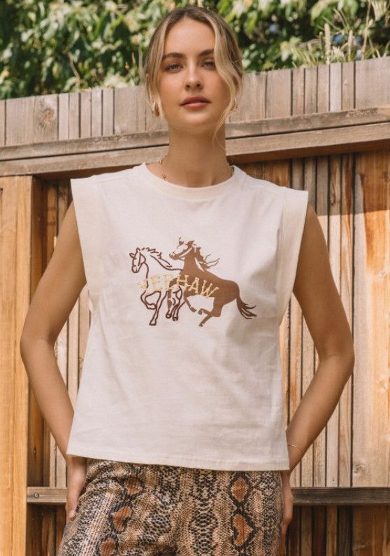 Printed Graphic Shirt with Embroidery and Hot Fix, Color: Cream/Brown, Size: XS