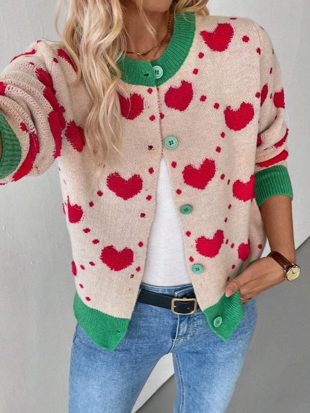 Valentine Day Heart Crochet Color Block Cardigan, Color: Apricot, Size: S