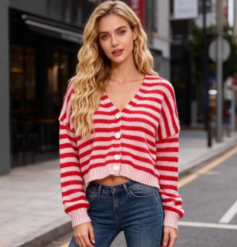 Striped Color Block V-Neck Contrast Trim Cardigan Striped Color Block V-Neck Contrast Trim Cardigan