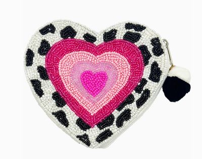 Cow Print Heart Beaded Coin Pouch