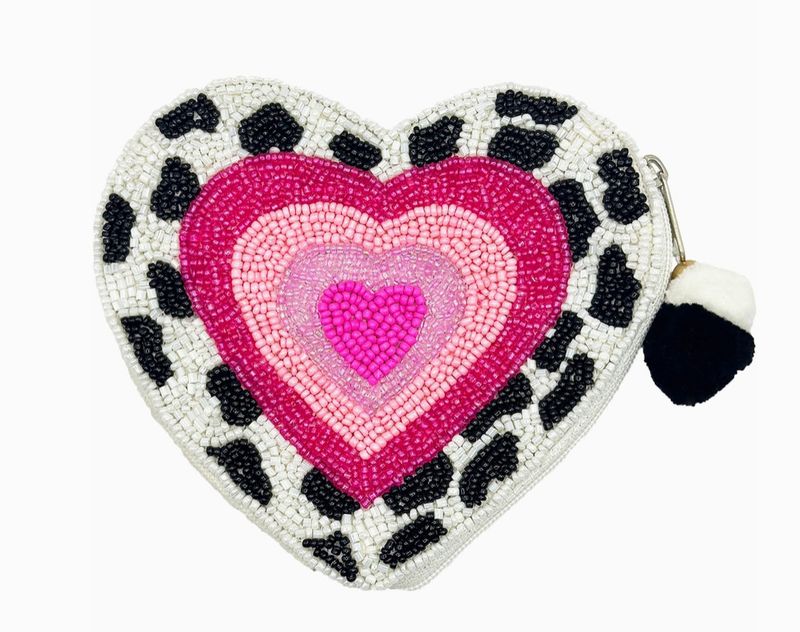 Cow Print Heart Beaded Coin Pouch