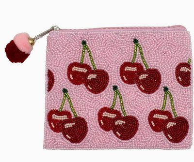 Pink Cherries Beaded Coin Pouch
