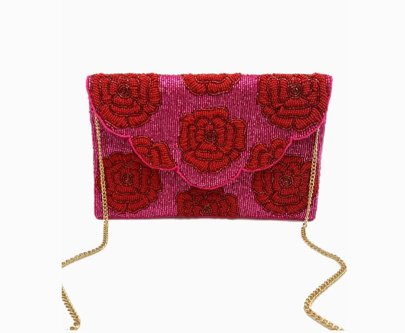 Fuchsia with Red Roses Beaded Clutch