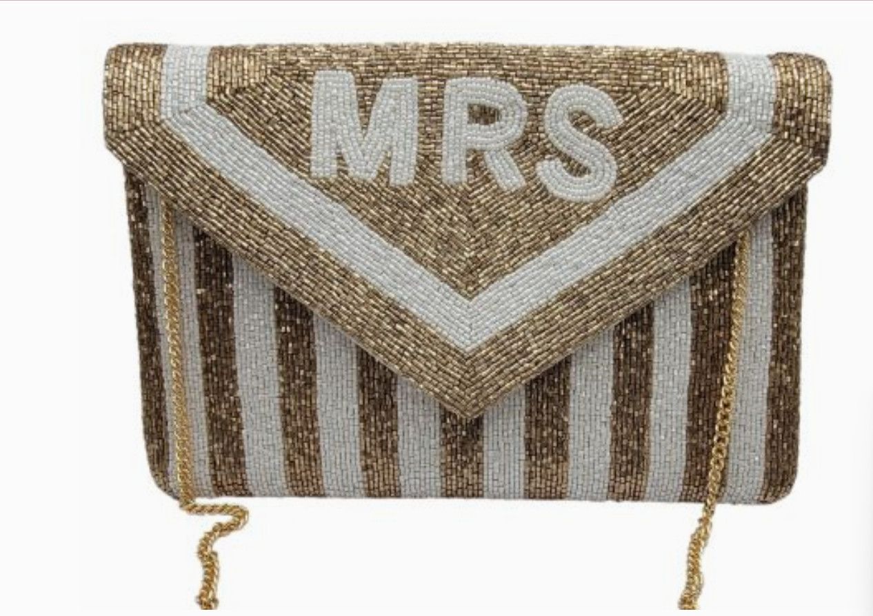Gold Striped Mrs Beaded Clutch