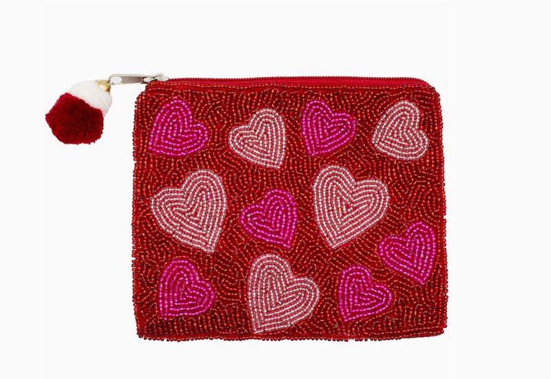 Hot and Light Pink Heart Beaded Coin Pouch