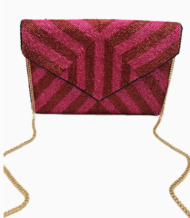 Fuchsia and Red Stripe Beaded Clutch