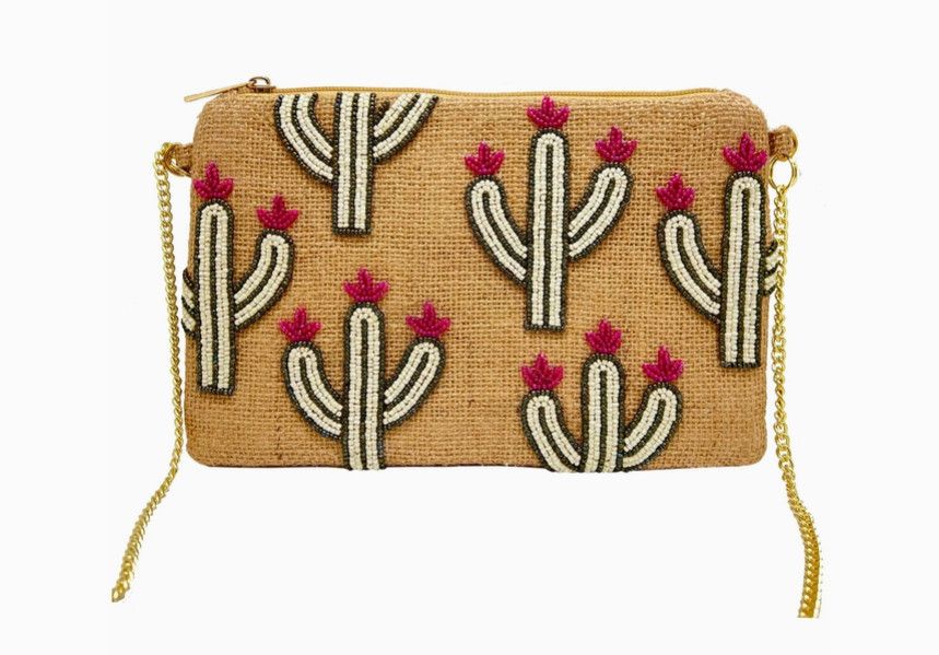 Jute Cactus w/ Pink Flowers Beaded Bag