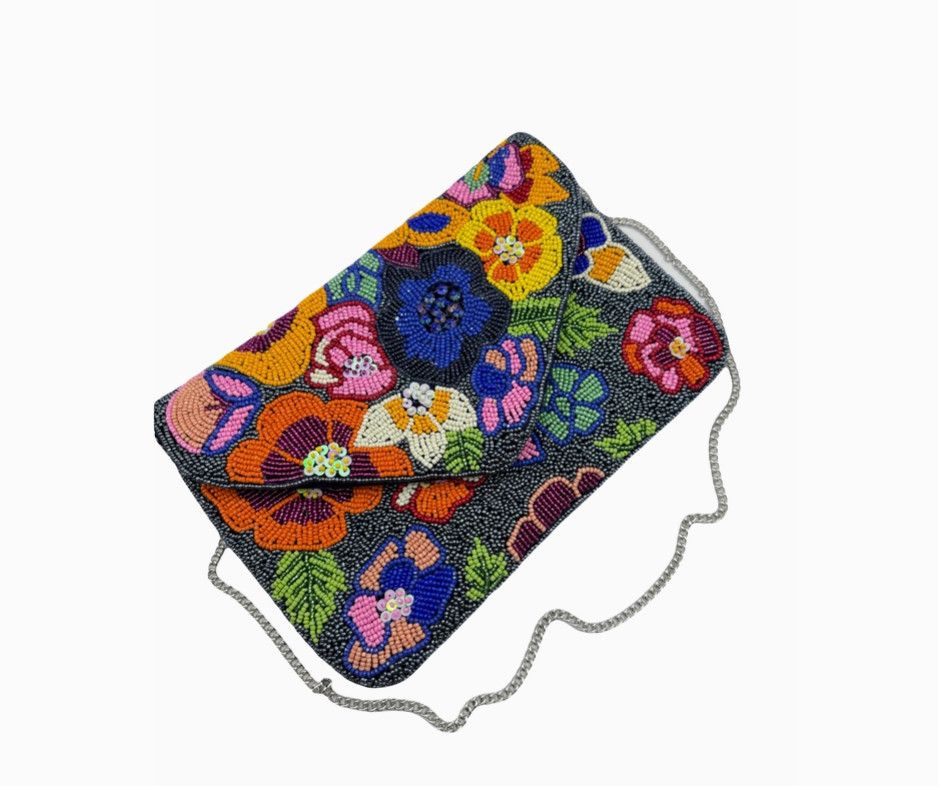 Multi-Color Spring Florals Velvet Beaded Clutch