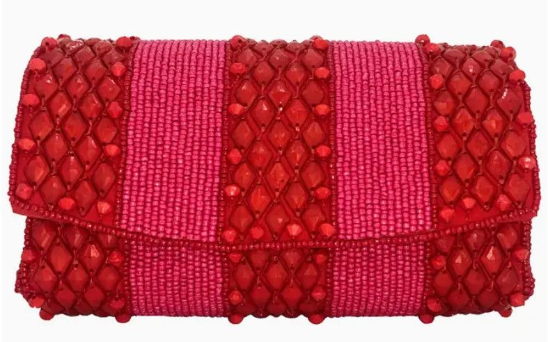Red Beaded Curved Crossbody Bag