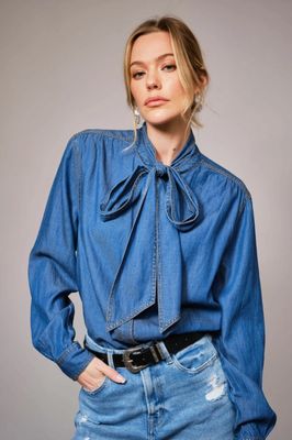 Tie Neck Hidden Button Chambray Blouse