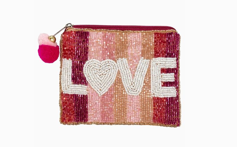 Love Pink Stripe Beaded Coin Pouch