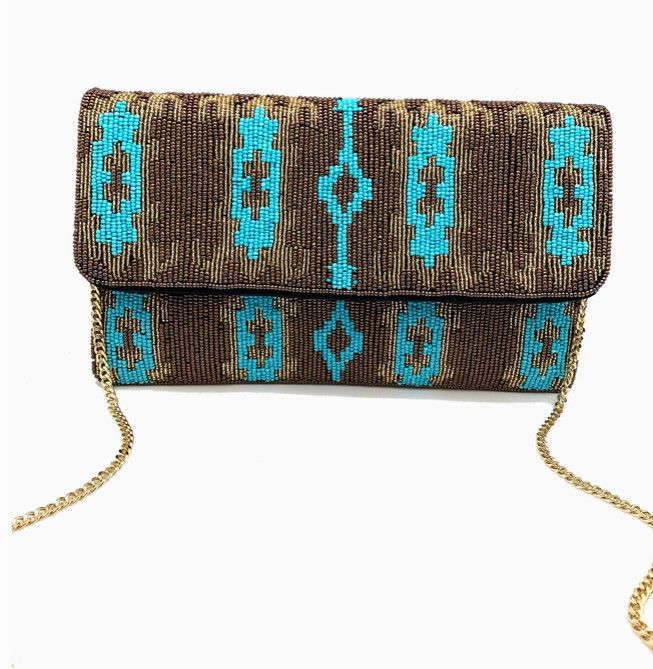 Gold &amp; Turquoise Ikat Beaded Clutch