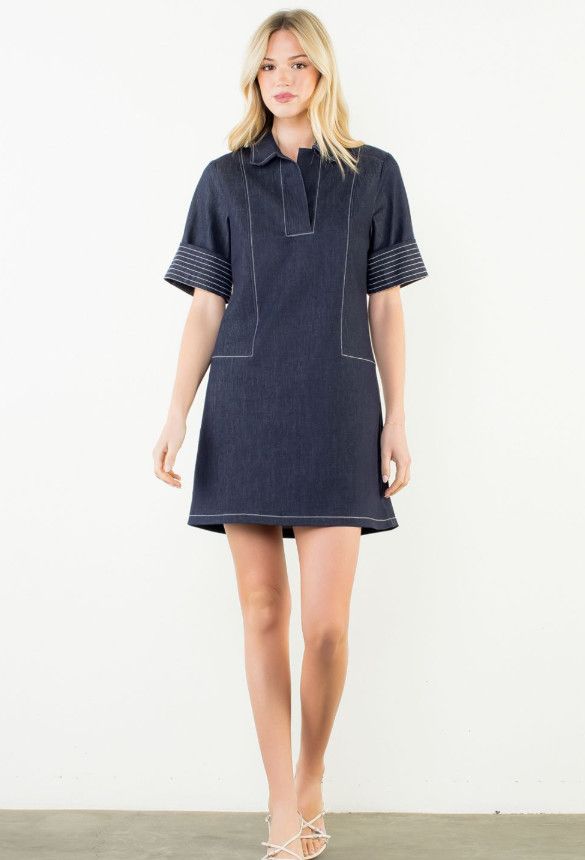 Short Sleeve Collared V-Neck Dress