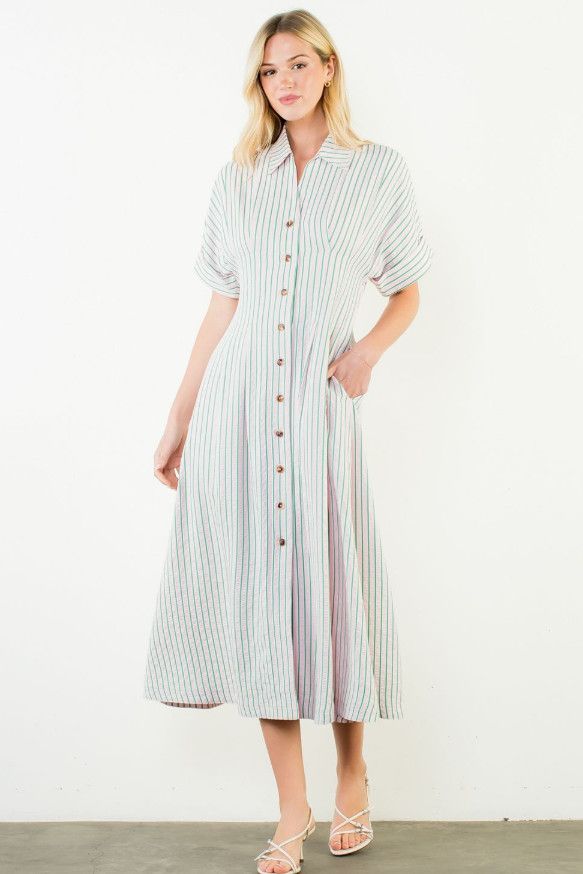 Short Sleeve Striped Button Down Dress