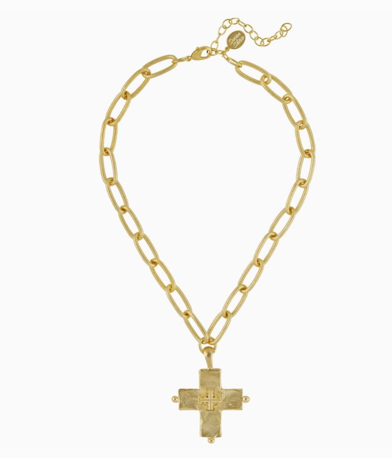 Gold Jerusalem Cross + Oblong Chain Necklace
