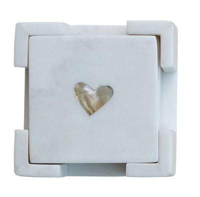 Marble Coasters with Mother of Pearl Inlay &amp; Holder, Set of 5