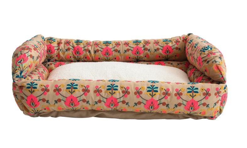 Cotton Embroidered &amp; Sherpa Pet Bed w/ Washable Cover