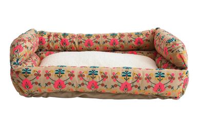 Cotton Embroidered &amp; Sherpa Pet Bed w/ Washable Cover