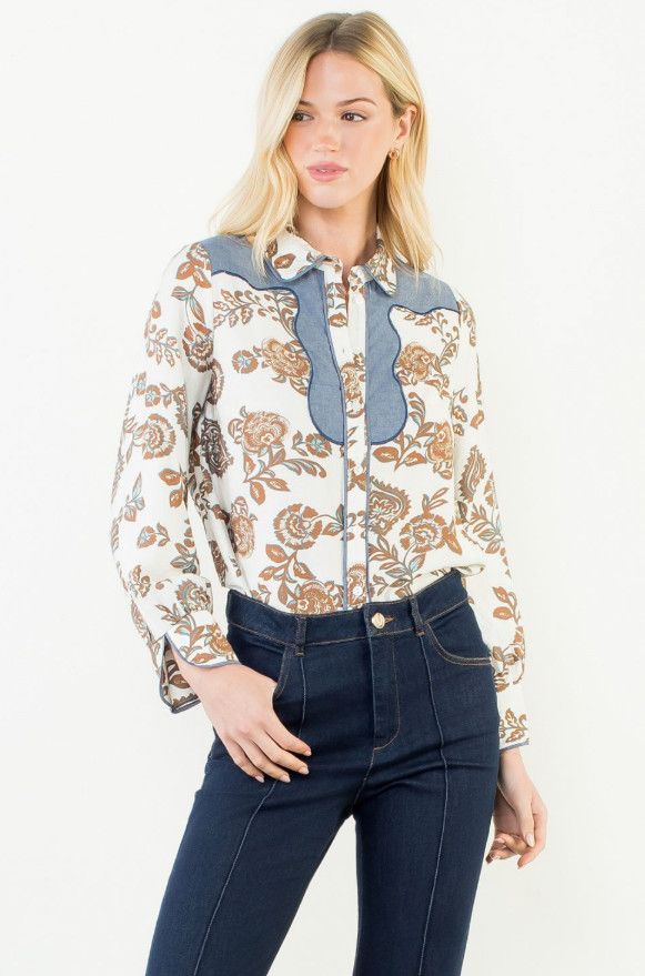 Long Sleeve Floral Detail Button Up Top, Color: Cream, Size: XS