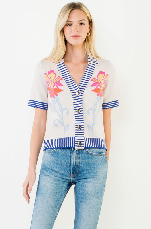 Knitted Floral Stripe Trim Button Top Knitted Floral Stripe Trim Button Top