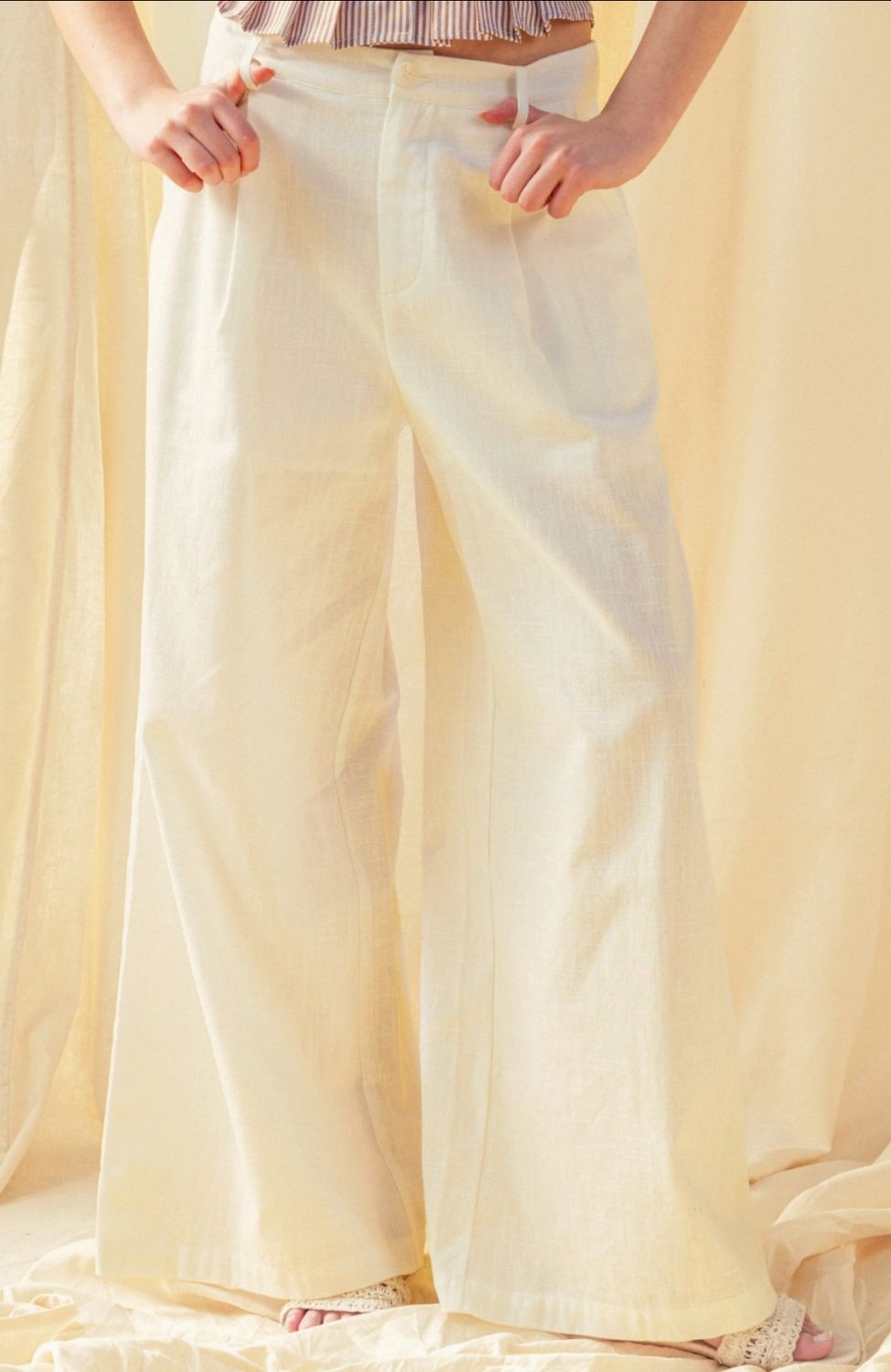 Linen Trousers with Pleated Front, Color: White, Size: S