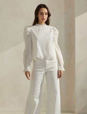 Cotton Eyelet Puff Sleeve Blouse