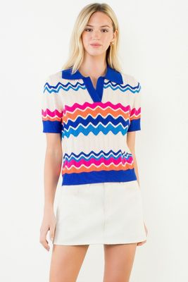 Short Sleeve Collared Zigzag Knit Top