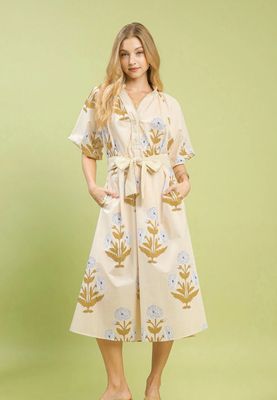 Floral Print V-Neck Open Collared Maxi Dress