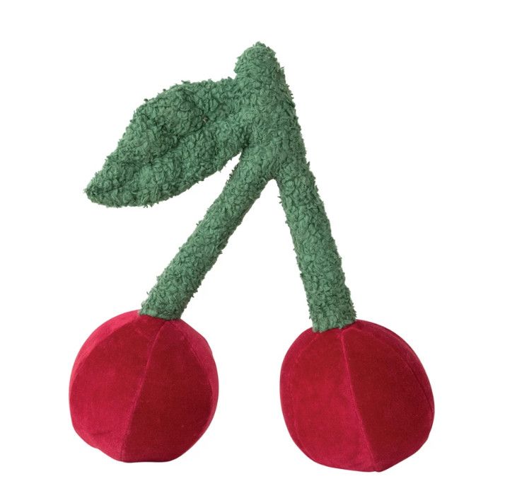 Cotton Velvet Cherry Shaped Pillow w/ Faux Sherpa Stem, Red &amp; Green