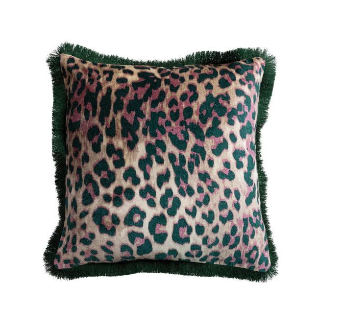 20" Square Cotton Velvet Pillow with Leopard Print Pattern &amp; Tufted Fringe