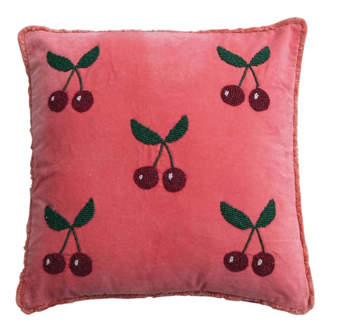 20" Square Cotton Velvet Pillow with Hand-Beaded Cherries &amp; Tufted Fringe, Pink, Red &amp; Green