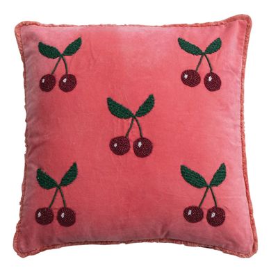 20" Square Cotton Velvet Pillow with Hand-Beaded Cherries &amp; Tufted Fringe, Pink, Red &amp; Green