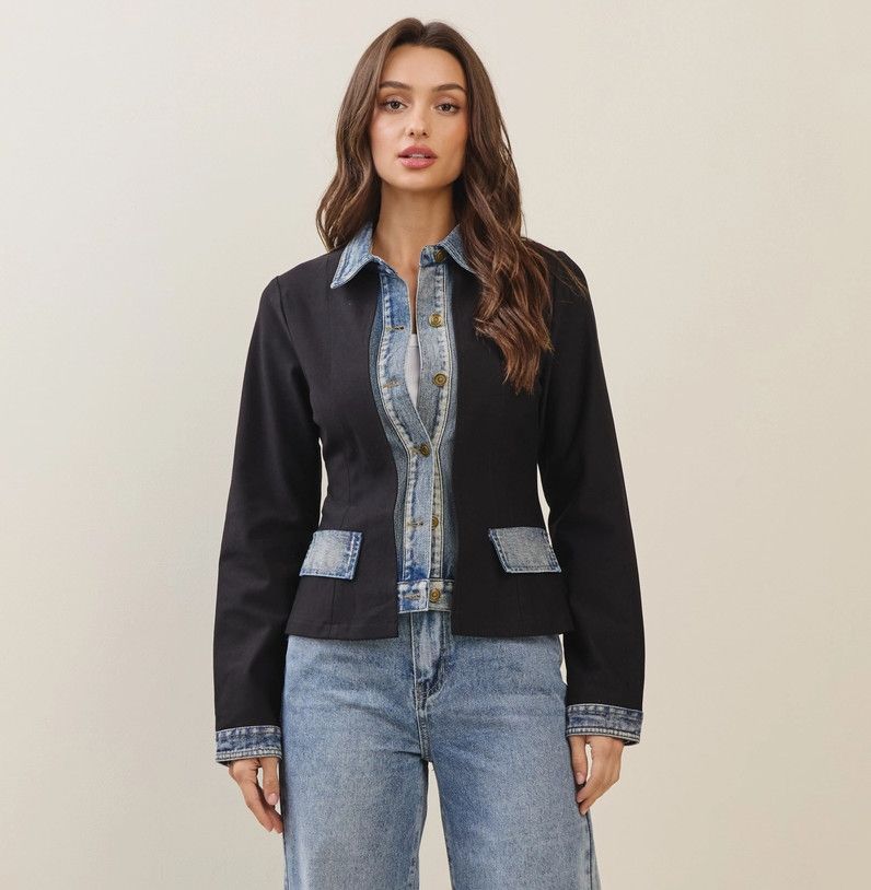 Denim Trim Jacket, Color: Black, Size: S