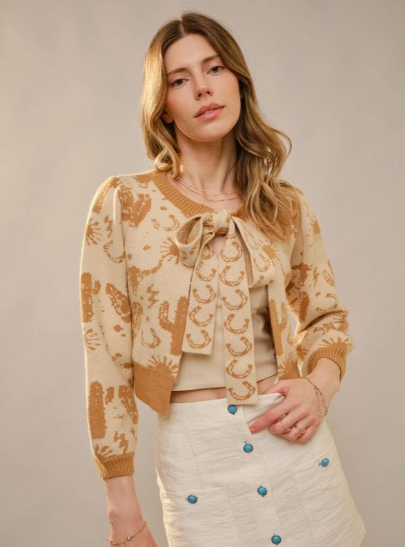Western Motif Tie Front Cardigan