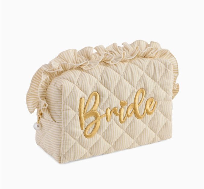 Ruffle "Bride" Large Zip Pouch- Beige