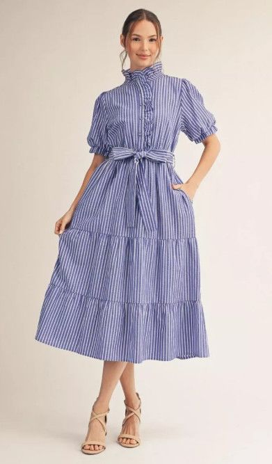 Short puff sleeves tiered stripe midi dress, Color: Blue, Size: S