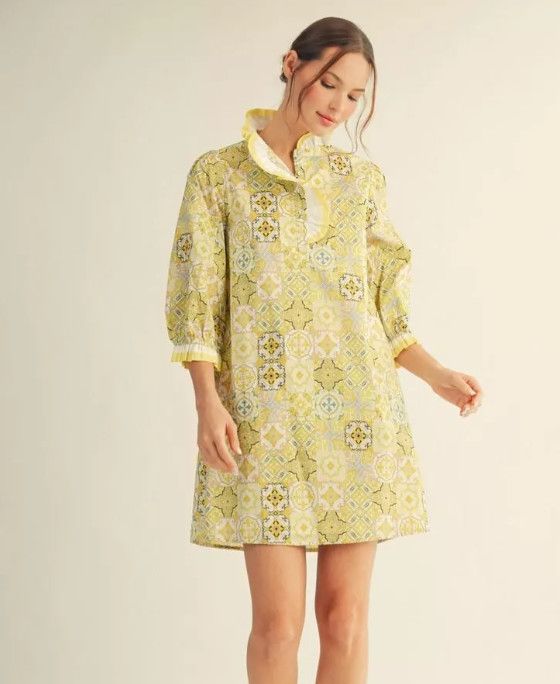 3/4 sleeves boho print shift dress