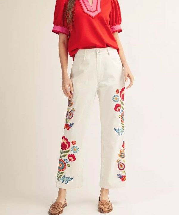 Embroidered high waist woven pants., Color: White, Size: S