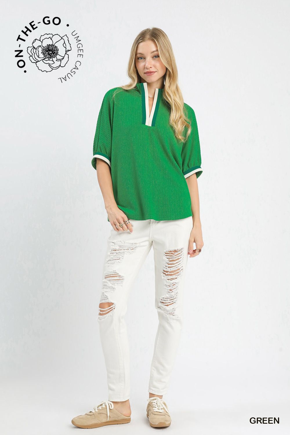 Textured Knit Top with Contrast Trim, Color: Green, Size: S