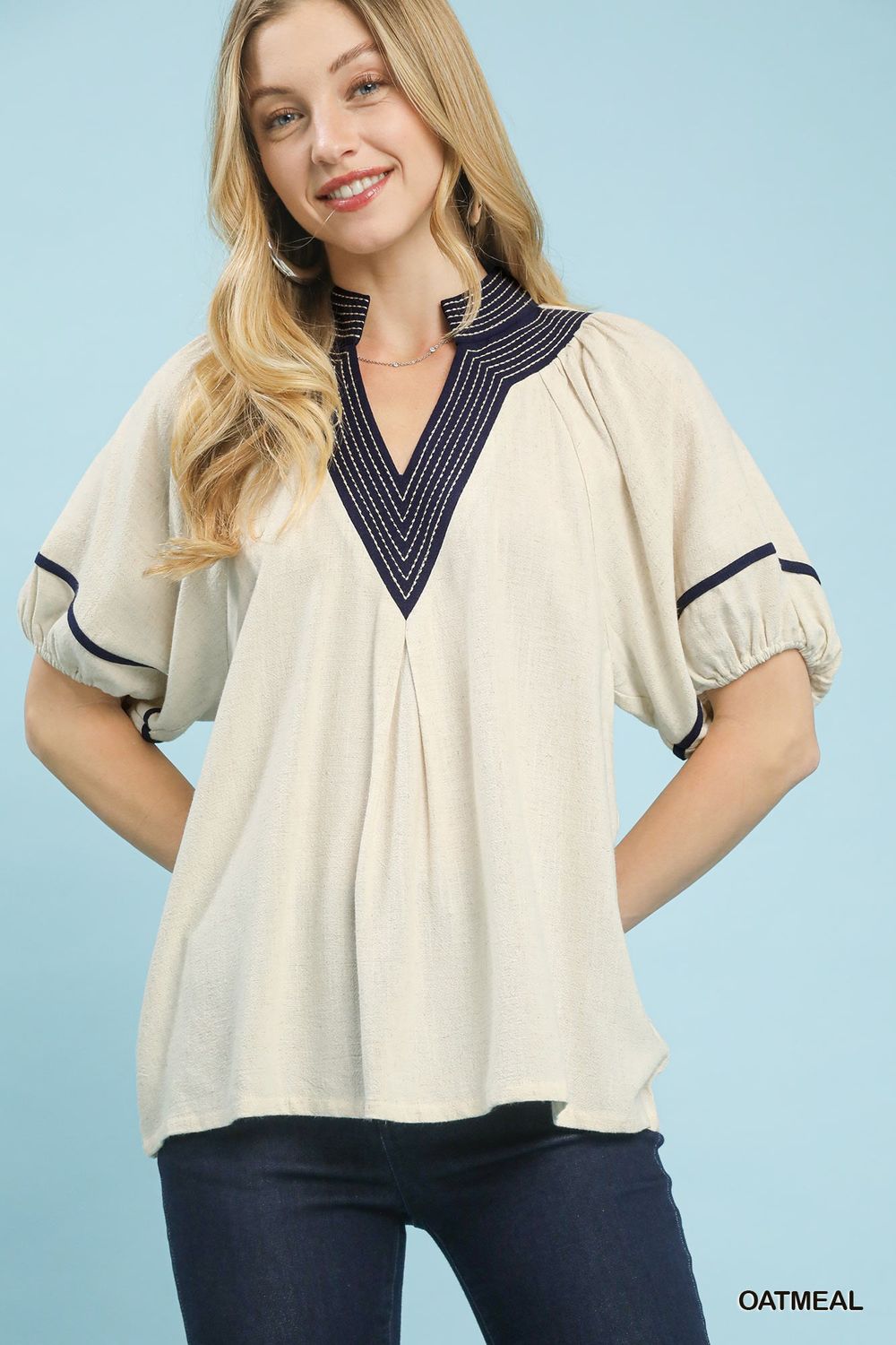 Linen Puff Sleeve Contrast Trim Top, Color: Oatmeal, Size: S