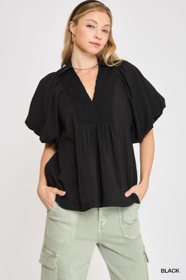 Smocked V-Neck Puff Sleeve Top
