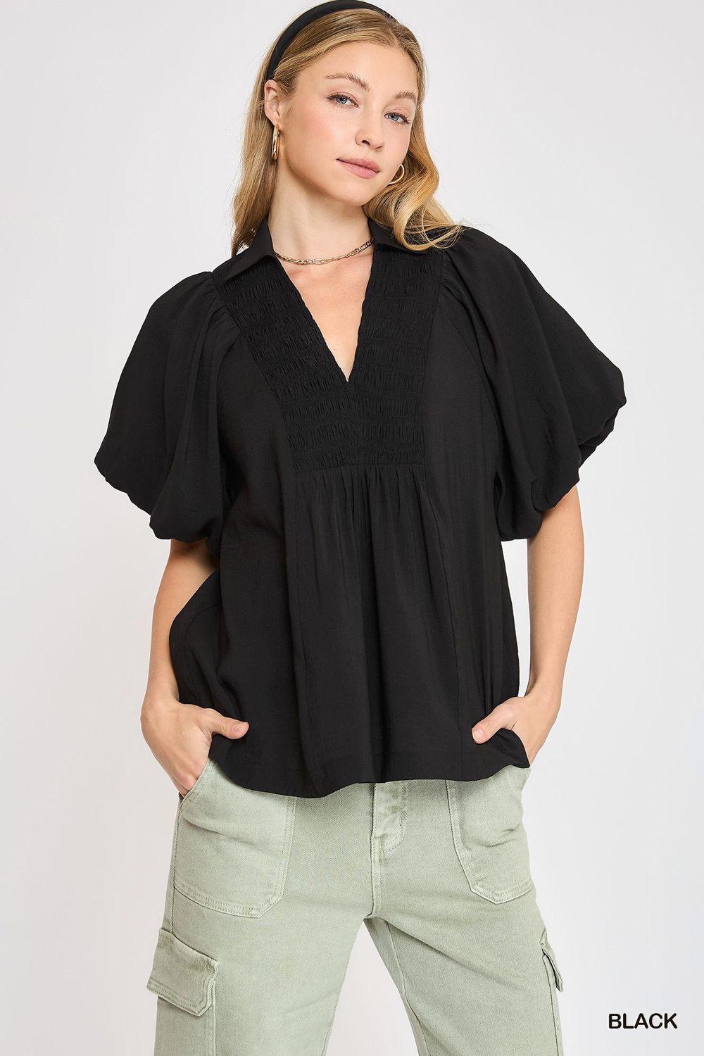 Smocked V-Neck Puff Sleeve Top, Color: Black, Size: S